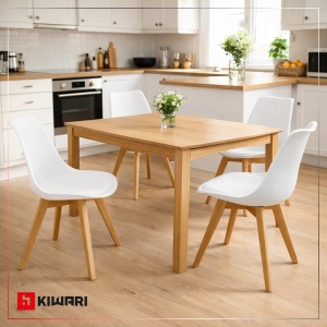 Set de 4 Scaune Kiwari® Kit, Sezut cu Pernuta PU, Picioare Lemn Fag, Design Modern Dining/Living, Inaltime Sezut 48 cm, Capacitate 120 kg, Alb - Img 2