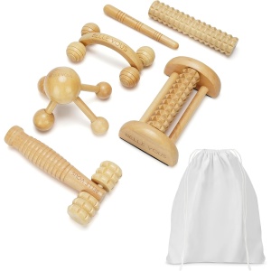 Set de masaj Belle Vous, 6 piese, Anticelulitic, Relaxarea muschilor, Modelarea corpului, Sac de bumbac, Lemn