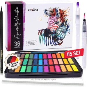 Set de vopsea tip acuarela Intrend, 36 acuarele, o pensule 2 x pensule cu rezervor de apa, 15 x hartie pentru desen