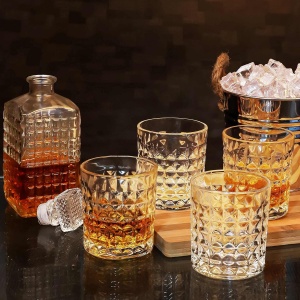 Set decantor si pahare Whisky Belle Vous, 5 piese, decantor 500 ml, 4 pahare 260 ml, sticla gravata model diamant, dop etans, Transparent - Img 3