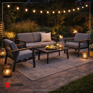 Set mobilier gradina Kiwari® Amalfi, 4 locuri, masa, canapea, si doua fotolii, masa 96 x 60 x 36 cm, canapea 78 x 138 x 72 cm, 2 fotolii 78 x 73.5 x 72 cm, cadru metal, sticla 5 mm, perne detasabile 11 cm, terasa/gradina, Gri - Img 6