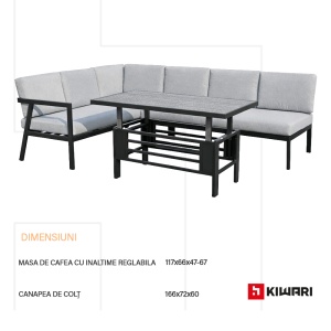 Set mobilier gradina Kiwari® Montverde, canapea coltar 6 locuri 72/67 x 166/160 x 60, masa reglabila 117 x 63.5 x 47-67 cm, cadru metal, perne detasabile 9 cm, terasa/gradina, Negru/Gri - Img 6