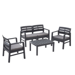 Set mobilier gradina/terasa, Progarden, JAVA, 4 piese, polipropilena, antracit, canapea 2 locuri 121x58x74 cm, 2 scaune 63x58x74 cm, masa 74x55x38 cm, cu perne incluse
