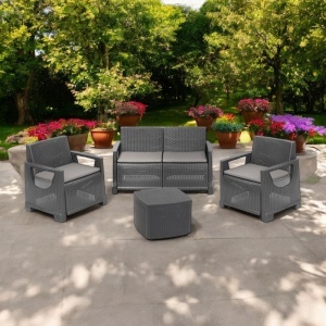 Set mobilier terasa/gradina, Progarden, BELLAGIO, 4 piese, polipropilena, antracit, 1 canapea 2 locuri 129x66x74 cm, 2 scaune 72x66x74 cm, masa 53x53x40 cm, cu perne incluse - Img 3