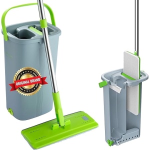 Set mop si galeata, EasyGleam, mop plat cu maner din otel inoxidabil, galeata inovatoare cu doua camere pentru utilizare umeda si uscata, 1 Rezerva - Img 3