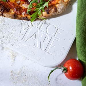 Set Piatra copt, lopata lemn si cutit pizza, DOLCE MARE, 38 cm x 30 cm x 1, 5 cm, Alb - Img 2
