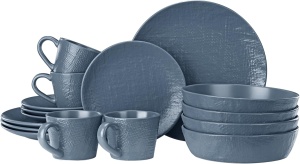 Set vesela din Ceramica Premium 16 piese, Navaris, pentru 4 persoane, design texturat, modern, compatibil cu masina de spalat si cuptor cu microunde, 2 tipuri de farfurii, boluri si cani, Albastru Fumuriu