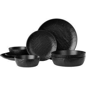 Set Vesela din Ceramica Premium, Navaris, 8 piese, pentru 2 persoane, design texturat, modern, rezistent, compatibil cu masina de spalat si cuptor, Negru