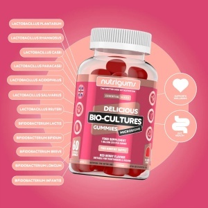 Supliment alimentar Bio-Cultures Microbiome Gummies, Nutrigums, 12 probiotice multi-tulpini 1 miliard CFU, Acidophilus si Bifidobacterium, sprijina sanatatea intestinala, vegan, aroma de capsuni, 60 de jeleuri - Img 4