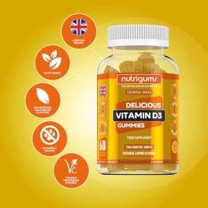Supliment alimentar Vitamin D3 Gummies, Nutrigums, rezerva pentru doua luni, 1000iu de inalta rezistenta pentru sprijin imunitar, osos si muscular, potrivit pentru 12+ ani, vegan, aroma de lamaie, 60 de jeleuri - Img 2