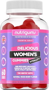 Supliment alimentar Women's Vitality Gummies, Nutrigums, Multivitamine, Probiotice, 19 nutrienti activi, pentru intestin, oase, energie, par, piele, vedere si imunitate, pentru femei, vegan, aroma de fructe de padure, 60 de jeleuri