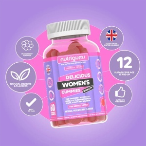 Supliment alimentar Women's Vitality Gummies, Nutrigums, Multivitamine, Probiotice, 19 nutrienti activi, pentru intestin, oase, energie, par, piele, vedere si imunitate, pentru femei, vegan, aroma de fructe de padure, 60 de jeleuri - Img 3