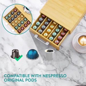 Suport 60 capsule de cafea Navaris, din bambus, 38.5 x 23.5 x 6 cm, compatibil cu Nespresso, tip sertar, Maro - Img 4