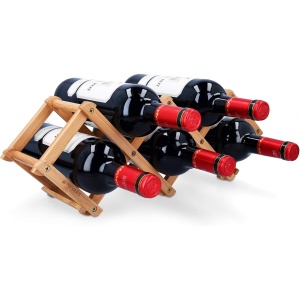 Suport pentru sticle de vin Navaris, din bambus, 45x12x15.2cm, pliabil, capacitate 5 sticle, Maro
