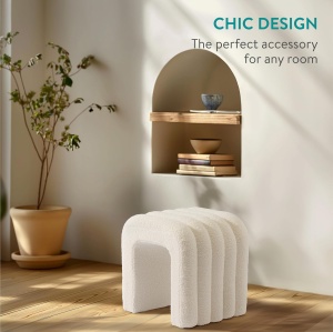 Taburet Boucle Navaris, 41x35x43cm, alb, design arcuit, ideal pentru living sau dormitor - Img 5