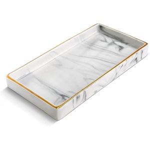 Tava decorativa din ceramica pentru baie si masa de toaleta, cu finisaj alb de marmura, pentru lumanari si bijuterii, Suport elegant pentru parfumuri si accesorii, 23 x 11.5 x 2.5 cm