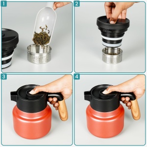 Termos tip Carafa Belle Vous, cu maner si infuzor pentru ceai, 800 ml, 13 x 15 cm, pentru bauturi calde/reci, izolatie cu perete dublu, Otel, Rosu - Img 3