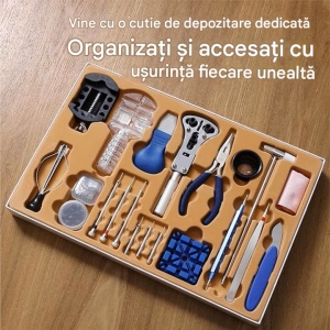 Trusa Scule pentru Reparat Ceasuri, H&S, 155 de Piese, Cutie de Transport, Kit Complet cu Unelte pentru Reglare, Schimb Baterie, Curele, Pini - Img 6