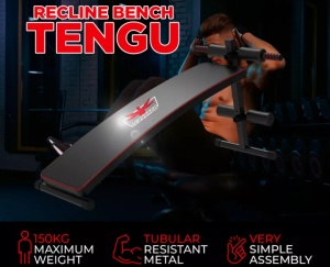 Banca fitness abdominala Tengu, Curbata, Reglabila, Multifunctionala, Economiseste spatiu, Capacitate maxima 150kg, Constructie durabila din otel, 61x52x130 cm, Negru - Img 2