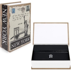 Caseta de valori Navaris, cutie metalica, inchidere cu cheie, 18.5 x 11.5 x 5.2 cm, tip carte, New York design, Maro - Img 2