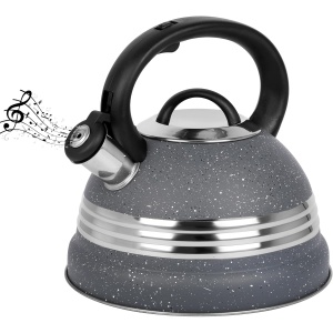 Ceainic fluierator, Belle Vous, din otel inoxidabil, 3 L, maner rezistent la caldura, 22.5 x 22 cm, compatibil cu toate tipurile de plita, Gri/Argintiu