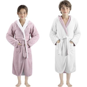 Halat de baie pentru copii HOMELEVEL, 11-12 ani, 146-152 cm, reversibil, din poliester, cu gluga, Alb/Roz