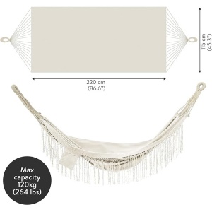 Hamac HOMELEVEL, din bumbac, 220 x 115 cm, cu franjuri, greutate maxima suportata 120 kg, interior/exterior, Alb/Crem - Img 2