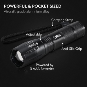 Lanterne LED H&S, ultra puternica, set 2, impermeabila, 5 moduri iluminare, focalizare reglabila, aluminiu, pentru camping, drumetii si urgenta, Negru - Img 3