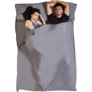 Lenjerie de pat travel tip sac de dormit Tough Outfitters, din fleece, pentru 2 persoane, 188 x 216 cm, ultrausor, cu fermoar, Gri