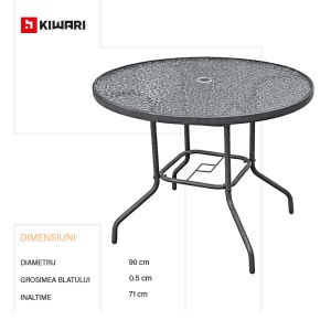 Masa Rotunda Kiwari® Porto, Blat din sticla, Diametru 90 cm x Inlatime 71 cm, 4 Persoane, Gradina/Terasa, Gri - Img 4