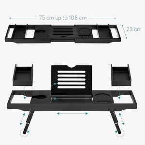 Masuta extensibila pentru cada Navaris, din bambus, 75–108 cm, masuta de servire la pat, cu suport pentru carte, tableta si pahar, Negru - Img 4