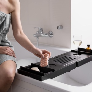 Masuta extensibila pentru cada Navaris, din bambus, 75–108 cm, masuta de servire la pat, cu suport pentru carte, tableta si pahar, Negru - Img 7