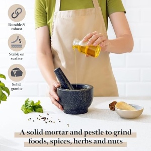 Mojar cu pistil Gourmeo, granit, 7cm adancime, negru, set pentru condimente si ierburi - Img 2