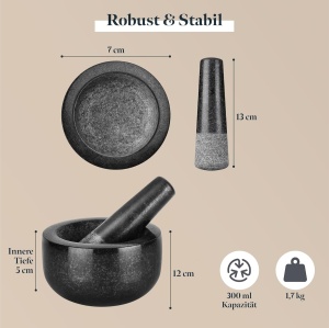 Mojar cu pistil profesional, Gourmeo, din granit, 300 ml, 12 x 12 x 7 cm, usor de curatat, Negru - Img 6