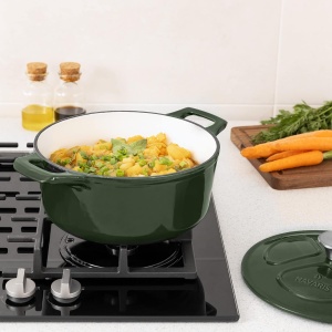 Oala fonta emailata Navaris, verde inchis, cu capac, pentru cuptor, plita, gaz, electric, cu inductie, cu infrarosu, 20 cm, 2.5 l - Img 2