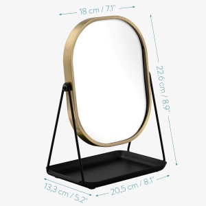 Oglinda Cosmetica Navaris, Rotativa 360°, Ovala, 2 Fete 1x/3x, cu Baza Metalica si Tava pentru Bijuterii, 18 x 22.6 cm, Negru/Auriu - Img 3