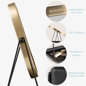 Oglinda Cosmetica Navaris, Rotativa 360°, Ovala, 2 Fete 1x/3x, cu Baza Metalica si Tava pentru Bijuterii, 18 x 22.6 cm, Negru/Auriu - Img 6