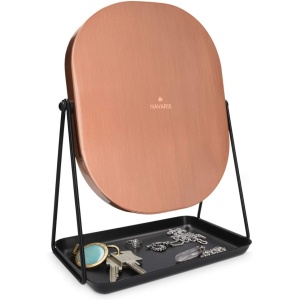 Oglinda cosmetica Navaris, rotativa 360°, ovala, cu baza metalica si tava pentru bijuterii, 18 x 28 cm, Negru/Bronz - Img 8