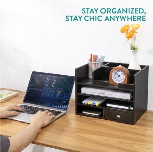 Organizator birou cu sertare Navaris, 33x24x26 cm, auto-asamblare, negru, bambus - Img 3