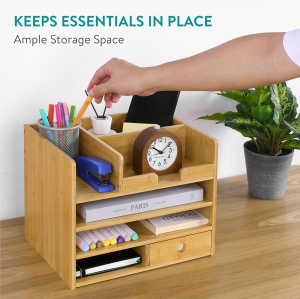 Organizator birou Navaris, 33x24x26 cm, sertare si compartimente, montaj, maro, bambus - Img 6