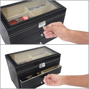 Organizator ochelari Kurtzy, 33.5 x 19 x 22 cm, 18 compartimente, 3 niveluri cu 2 sertare, piele ecologica, capac sticla, Negru - Img 3