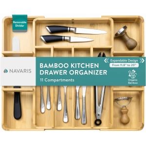 Organizator pentru tacamuri Navaris, extensibil, din bambus, 50 x 43 x 4.8 cm, 5-11 compartimente, Maro - Img 9