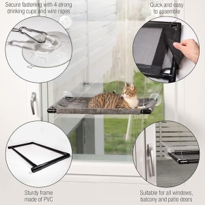 Pat suspendat pentru pisici, Amazy, cu prindere pe geam, tip hamac, Amazy, montaj cu ventuze, 60x35 cm - Img 2