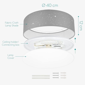 Plafoniera LED Navaris, efect de stele, Ø 40 x 12 cm, intensitate reglabila, telecomanda, abajur textil, 22 W, Gri deschis - Img 5