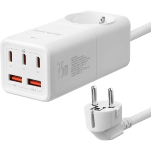 Prelungitor cu priza pentru birou kwmobile, 2 porturi USB A, 3 porturi USB C, 75 W, Cablu 1.5 m, Alb