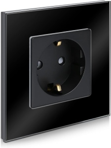 Priza simpla Schuko Navaris, rama din sticla, 250V, 16A, montaj incastrat, design elegant, 8.5 x 8.5 cm, 4000W, Negru