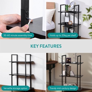 Raft depozitare Navaris, metal si lemn, 3 niveluri, design modern, 95 x 57 x 28 cm, pentru bucatarie, living sau birou, Negru - Img 6