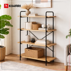 Raft Kiwari® Quad, 4 polite, 112×34×80 cm, MDF si Metal, Design Modern Industrial, Negru & Stejar - Img 2