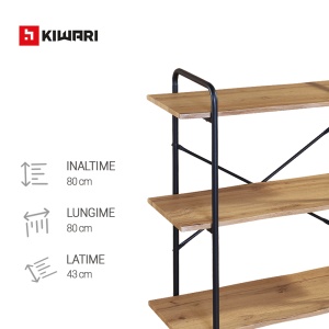 Raft Kiwari® Triv, 3 polite, 80×34×80 cm, MDF si Metal, Design Modern Industrial, Negru & Stejar - Img 4