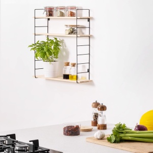 Raft metalic 3 niveluri Navaris, 50x50x12 cm, montaj pe perete, negru/pin natural, negru, metal/lemn - Img 3